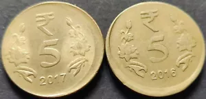 India Set of Rs 5, Error Coins 2016 & 2017, Calcutta with 'BROAD STRIKEs' (S85) - Picture 1 of 2