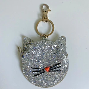 Crewcuts J Crew Glitter Cat Coin Purse Bag Silver Girls Sequin Wallet Keychain - Picture 1 of 6