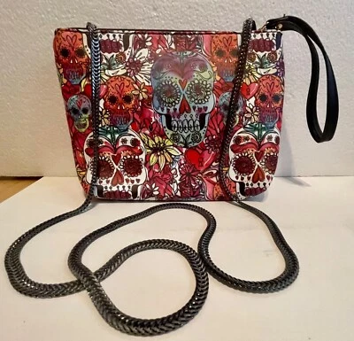 Sugar Skulls bag black herringbone metal crossbody strap wristlet purse clutch - Image 1 of 4