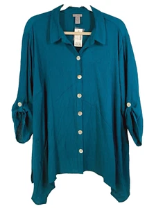 Catherines Teal Button Front Blouse 3/4 Sleeve Roll Tabs Plus Size 4X 30/32 NEW - Picture 1 of 16