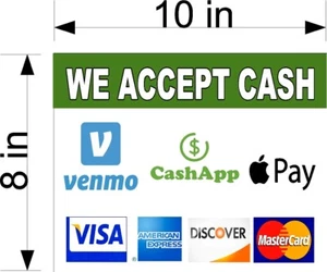 Calcomanía de vinilo de 8"" x 10"" ACEPTAMOS VENMO APPLE PAY EFECTIVO APLICACIÓN VISA AMEX MC PAGOS - Imagen 1 de 1