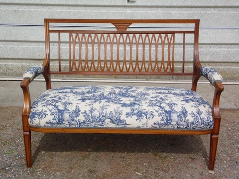 Antique 19th C. French Louis XVI Style Fretwork Carved Toile Upholstered Settee Cover
