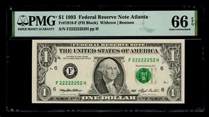 1993 $1 Federal Reserve Note Atlanta F22222252H PMG GEM UNC 66 EPQ - Picture 1 of 2