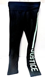 Brand New Justice Girls Black Leggings W/Green Stripe & Logo Size 8 - Picture 1 of 5