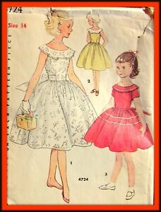 Girl's DRESS One-Piece Low Neck Simplicity 4724 RARE Vtg 1950's Sewing Pattern