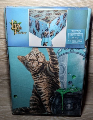 TABLE CLOTH CAT CAULDRON HUBBLE BUBBLE LISA PARKER  TEAL NEW 54 X 72 INCH COTTON - Image 1 of 4