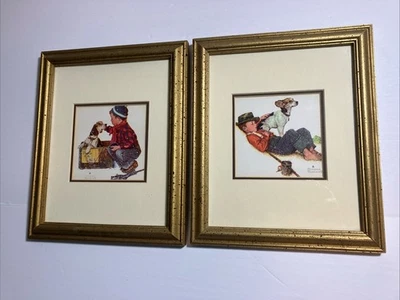 Lote de 2 estampas emolduradas vintage Norman Rockwell menino com cachorro - Imagem 1 de 4