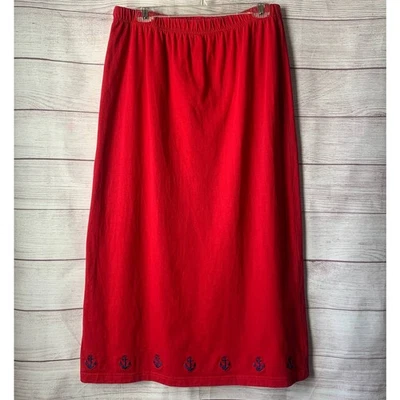 The Quacker Factory Long Red Skirt Embroidered Blue Anchors Back Slit Size Large - Image 1 of 4