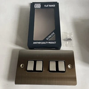 CED FS42SCB Satin Chrome Flat Plate 4 Gang 2 Way 10a Switch w/ Black Insert NEW - Picture 1 of 7