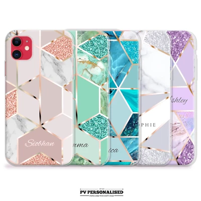 Personalised Marble Phone Case Initials Name Hard Cover For iPhone 12 Se 11 Gift - Image 1 of 4