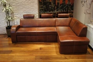 Ecksofa Braun Echtleder mit Kontrastnähten Echt Leder Sofa Couch Bettfunktion - Bild 1 von 12