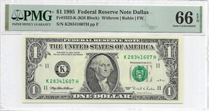 1995 $1 DALLAS FRN. PMG GEM Uncirculated 66 EPQ. K/H Block. FW Print - Picture 1 of 2