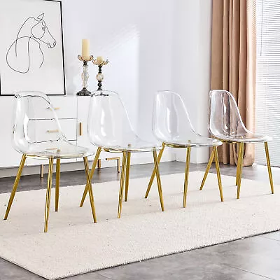 4Set Transparent Plastic Dining Chairs Armless Kitchen Chairs W/ Gold Metal Legs - Image 1 of 4