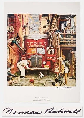 Litografia assinada por Norman Rockwell de sua famosa pintura "Roadblock" - Imagem 1 de 2