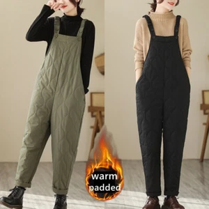 Women Padded Quilted Jumpsuit Pants Warm Suspender Trousers Overalls Pockets - Picture 1 of 19