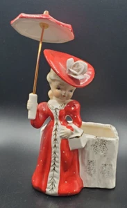Vintage Victorian Damsel with Umbrella Red an White Planter by HB, Japan #2202 - Picture 1 of 15