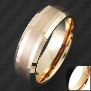 Engraved Men's Tungsten Rose Gold Plated w/ Brushed Stripe Wedding Band Ring - Picture 1 of 6