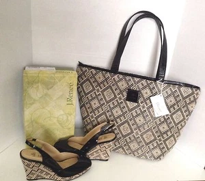 J Renee Neely Raffia Black Patent Leather Tote Handbag & Wedge Peep Sandals 9.5 - Picture 1 of 5