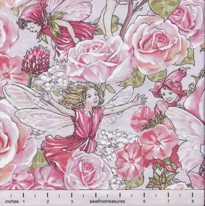 Flower Fairies BLOSSOM GARDEN ROSE Fairy ALLOVER Pink Fabric By the FQ - 1/4 YD - Picture 1 of 5