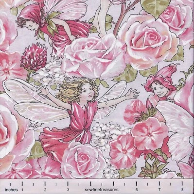 Flower Fairies BLOSSOM GARDEN ROSE Fairy ALLOVER Pink Fabric By the FQ - 1/4 YD - Image 1 of 4