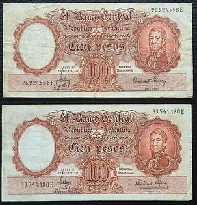 Lote de 2 billetes argentinos de 100 pesos 1957-1967 - excelente estado - Imagen 1 de 2