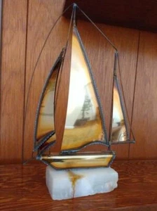 Vintage Metal Sailboat Mounted On Marble Stone (Shelf Display) - Picture 1 of 1