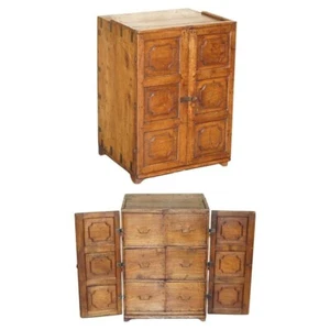 SUPER UNIQUE SMALL ANTIQUE 1880 ANGLO INDIAN MILITARY CAMPAIGN CHEST OF DRAWERS - Picture 1 of 15