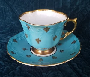 VTG Aynsley England Fine China Tea Cup Saucer Turquoise Gold Fleur DE Lis - Picture 1 of 6