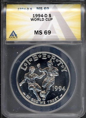 1994-D $1 Silver World Cup Dollar MS 69 ANACS # 7351788 + Bonus - Image 1 of 2