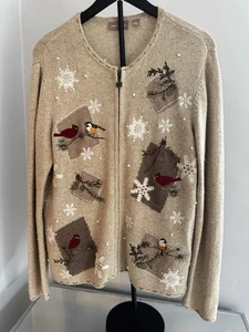 Croft & Barrow L Bird Snowflake Cardigan Sweater Zip Neutral Tan Winter Cozy - Picture 1 of 10