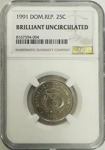 1991 Dominican Republic Clad Steel 25 Centavos NGC BRILLIANT UNCIRCULATED #182 - Picture 1 of 2