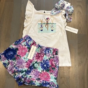 NWT Janie and Jack girl SUMMER purple pink floral shorts 3-piece bow SET 5 5T - Picture 1 of 6