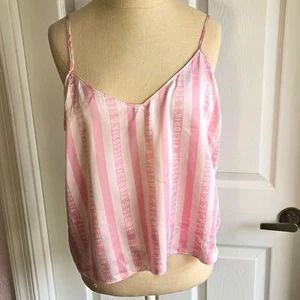 Victoria’s Secret Pink Logo Stripe Satin Camisole Top Women's Size L Lingerie - Picture 1 of 8