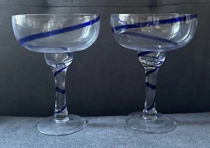 PIER 1 Swirline Cobalt Blue Handblown Margarita Glasses set of 2 Art Glass - Picture 1 of 3