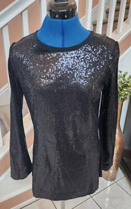 NWOT TORY BURCH Black 100% Silk All Sequin Long Sleeve Tunic Top Sz 4 - Picture 1 of 13