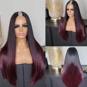 1B/99J Burgundy U Part Wigs  U-part Wigs Middle Part Ombre Wine Red U Shape Wigs - Picture 1 of 12