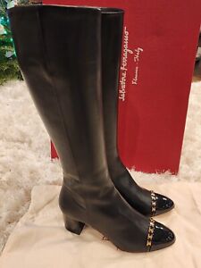 $1400 New 100% Auth Salvatore Ferragamo Black Leather Knee Boot Sz 7B/US36.5