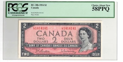 Банкнота Банка Канады $2 Битти-Расминский BC-38b - PCGS AU-58 PPQ - радар серийный - Изображение 1 из 2