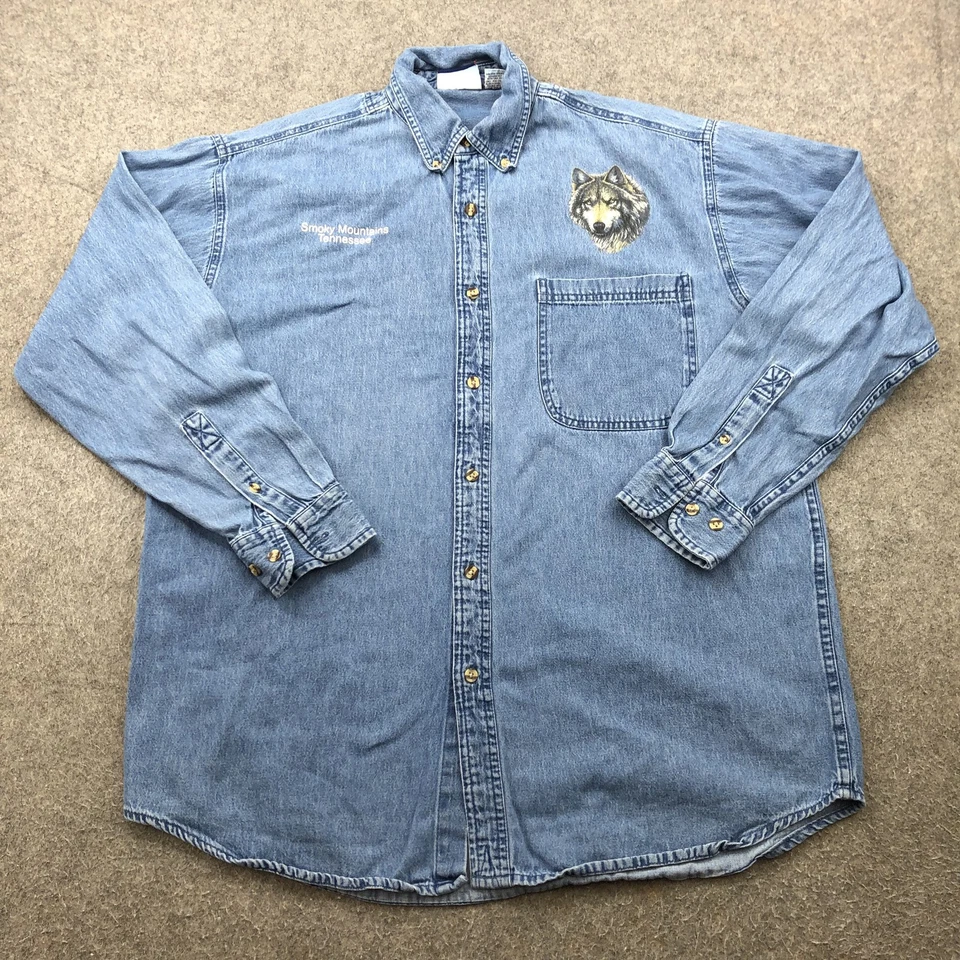 Camisa vaquera vintage para hombre mediana lobo bordada Smoky Mountains Tennesse Foto 1 de 4