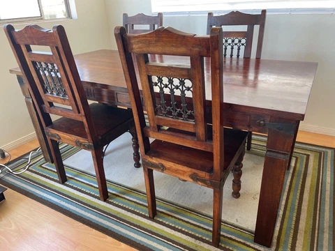 Vintage Spanish style solid cedar Kitchen Table with wrought iron inserts Cover