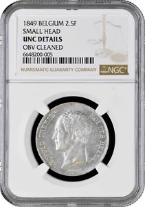 Belgium 2.5 francs 1849, NGC UNC Det., "King Leopold I (1832 - 1865)" SMALL HEAD - Picture 1 of 2