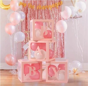 Baby Shower Boxes Party Decorations - 4 pcs Pink Transparent Balloon Boxes - Picture 1 of 8