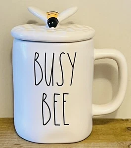 Rae Dunn BUSY BEE Mug With Bumblebee Topper White Ceramic 2-Piece New - Picture 1 of 4