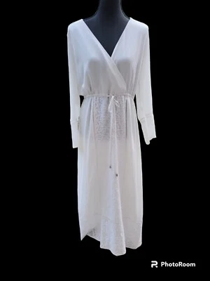 Long Sleeve Maxi Dress Off White Sz 8 Embroidery Plunge Neck Elegant Spring  - Image 1 of 4