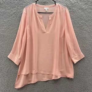 J Jill Top Women Large Blouse V Neck Tunic Pink Lightweight Roll Tab Sleeve - Picture 1 of 11