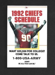 2-1/4" x 3-1/2" POCKET SCHEDULE - 1992 KANSAS CITY CHIEFS NFL FOOTBALL SEASON - Bild 1 von 2