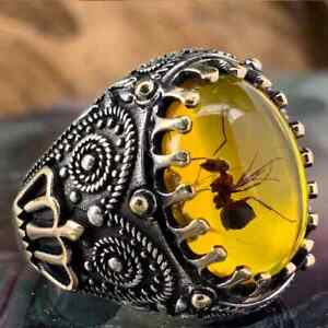 Silver Antique Big Oval Yellow Resin Stone Ant Amber Ring For Men And Women