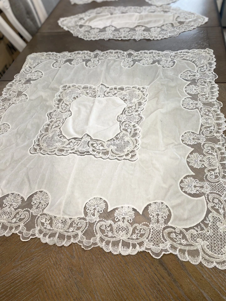 home decor table covers 4 pieces set Velvet Tablecloth ,Bead embroidery , White - Image 1 of 4
