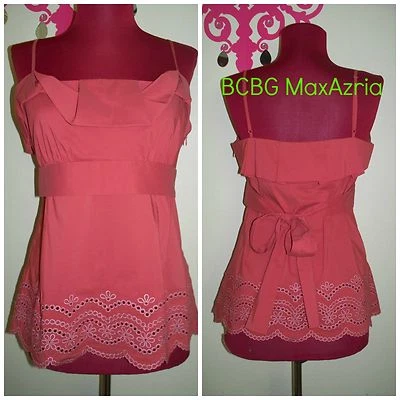 BCBG Max Azria Womens Coral Bowtie Eyelet Floral Hem Spaghetti Strap Blouse S - Image 1 of 4