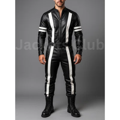 MEN'S GENUINE SOFT LEATHER BLACK CATSUIT FRONT ZIPPER OVERALL BODYSUIT JUMPSUIT - Image 1 of 4